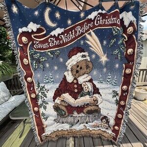 Vtg Boyds Bears Night Before Christmas Teddy Woven Throw Blanket Tapestry